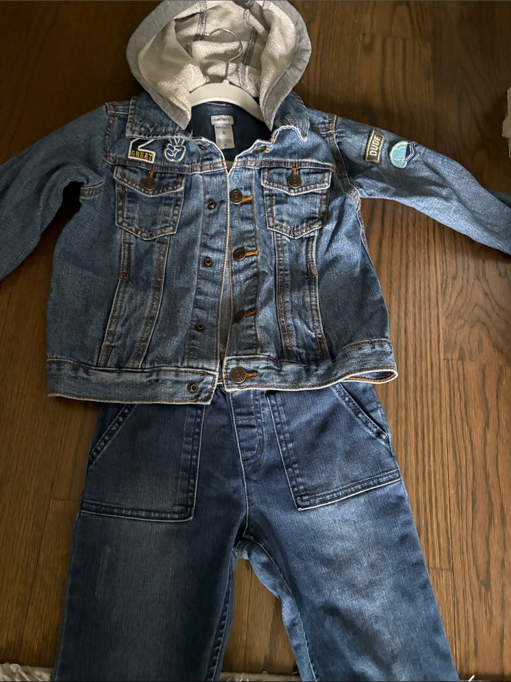 Carter's Blue Denim Jacket size 6 with Gray Hood and Carters blue jeans size 5